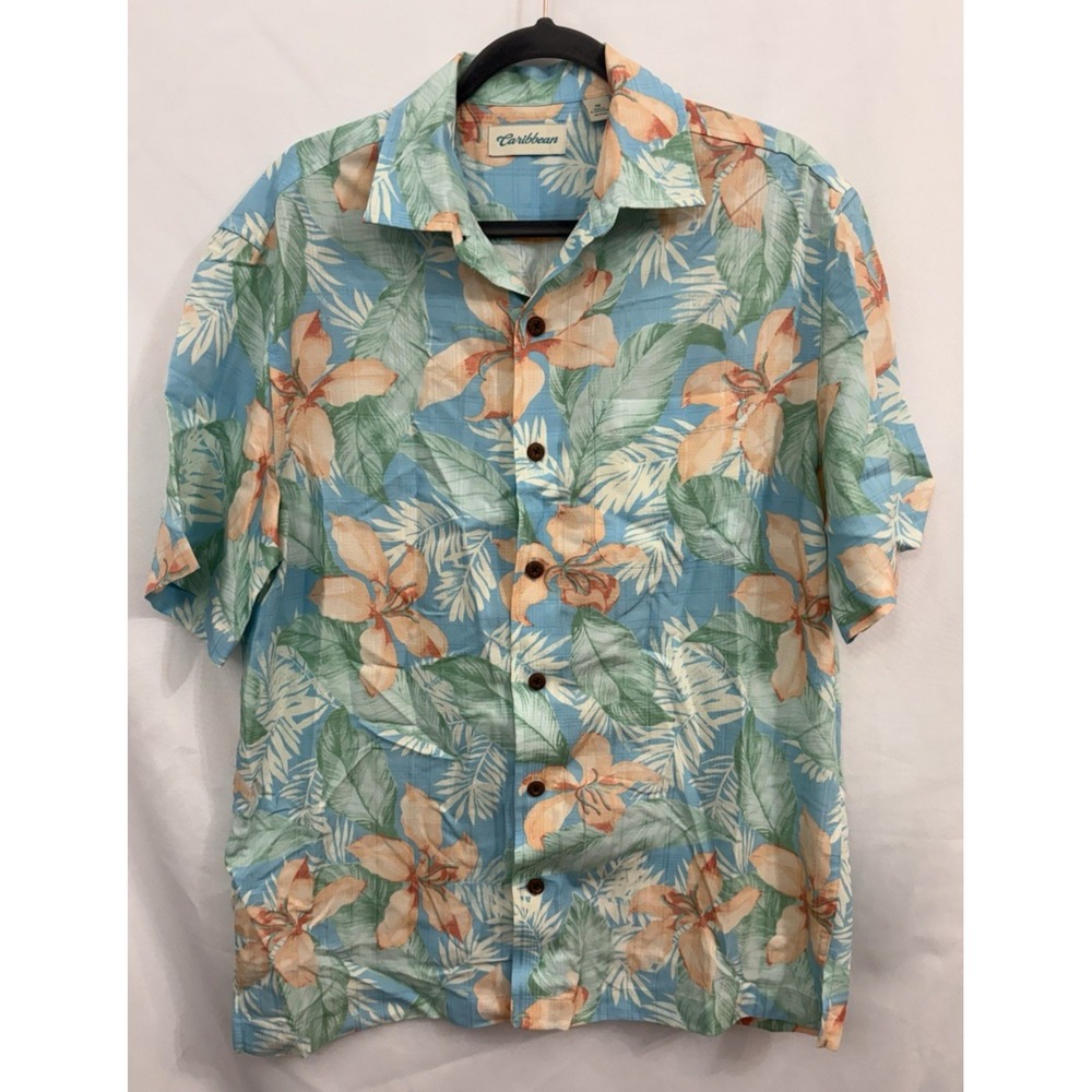 Caribbean Blue Hawaiin Print Modal Blend Short Sleeve Button Up Shirt Mens M